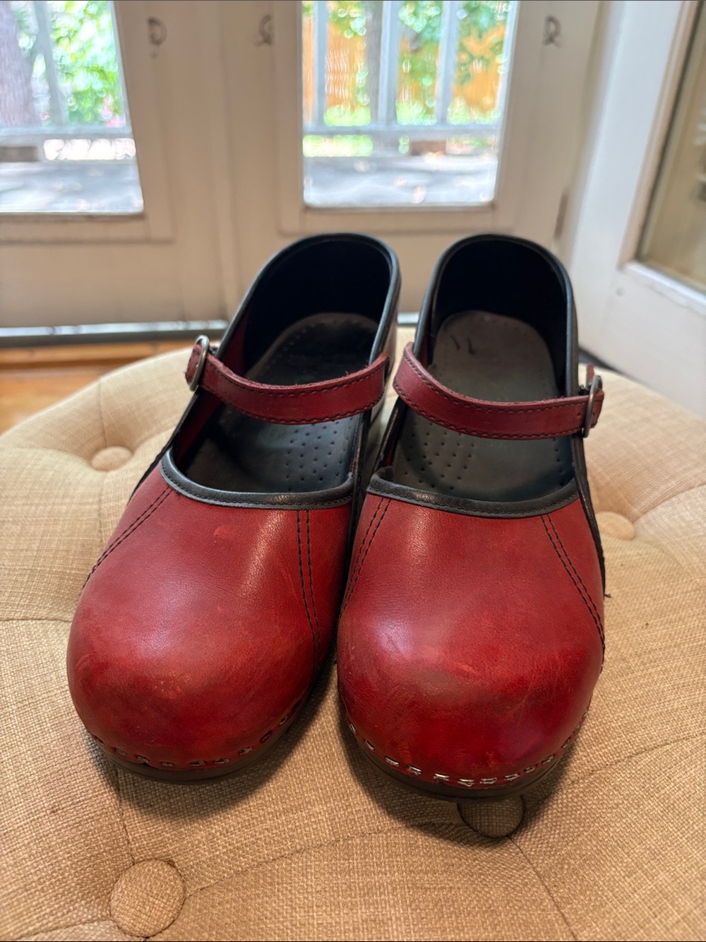 Dansko Red Mary Jane Clog Mules with Black Trim